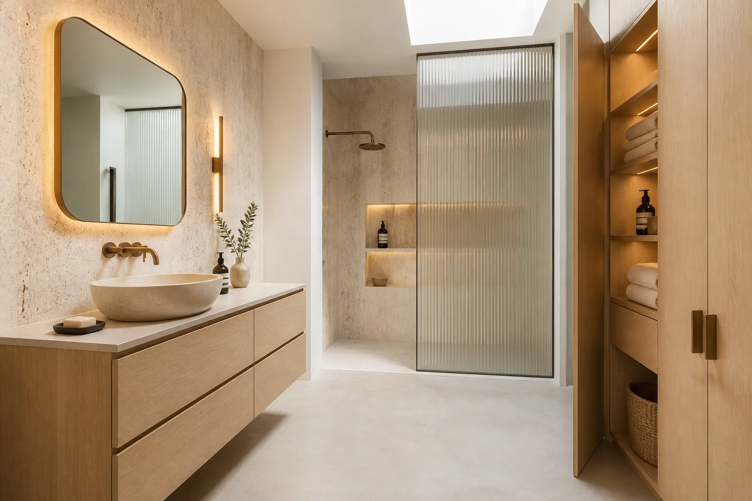 AI concept using pale timber and stone in a hotel-style bathroom